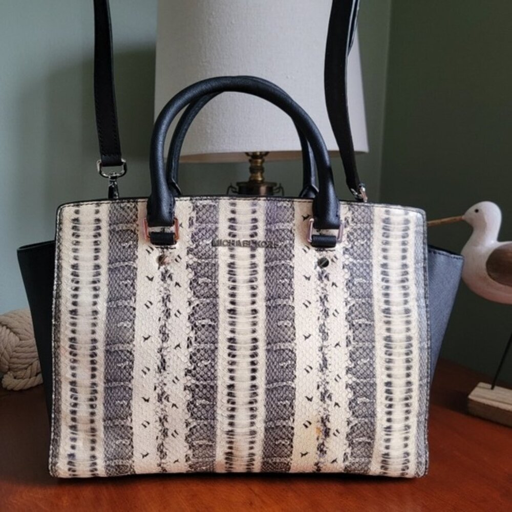 Michael Kors Selma Large Satchel Black Cream Python Embossed Leather Bag